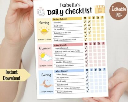 Kids Daily School Checklist Schedule Printable Editable Chore Chart Daily Routine Responsibility Chart Homeschool Planner To Do List