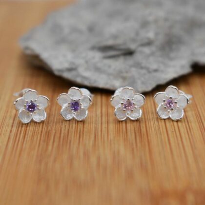 Sterling Silver Studs Flower Earrings Pink Lilac Cherry Blossom Sakura Earrings Jewellery Cute Pretty Earrings Personalised Gift Tag