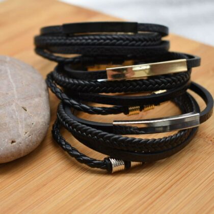 Men’s Leather Bracelet Beaded Braided 4 layered Cuff Jewellery with Stainless Steel Clasp Personalised Gift Tag