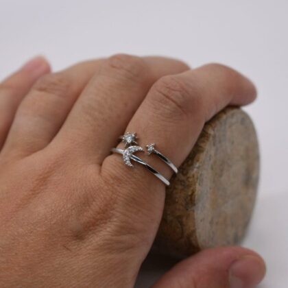 Star and Moon Ring Silver Celestial Ring Two Layer Adjustable Stacking 2 in 1  Ladies Ring, Gift for her Personalised Gift Tag