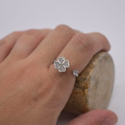 Anxiety Fidget Ring 4 Leaf Clover Spinning Sterling Silver Adjustable Good luck charm Personalised Gift Tag