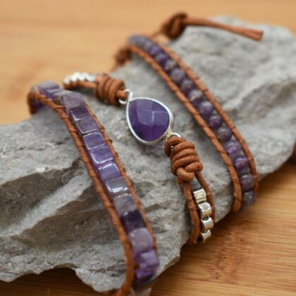 Amethyst Leather Wrap Bracelet Natural Purple Gemstones Bracelet Healing Crystal Beads Spiritual Protection Personalised Gift Tag