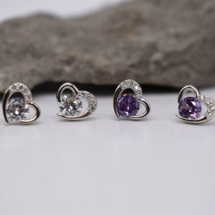 Sterling Silver Heart Studs Earrings Purple or Clear Stone Pretty Cute Earrings Personalised Gift Tag