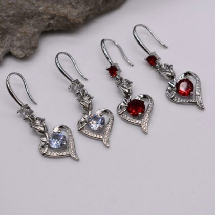 Sterling Silver Heart Dangle Drop Earrings with Rose Detail Red or Clear Stone Pretty Cute Earrings Personalised Gift Tag