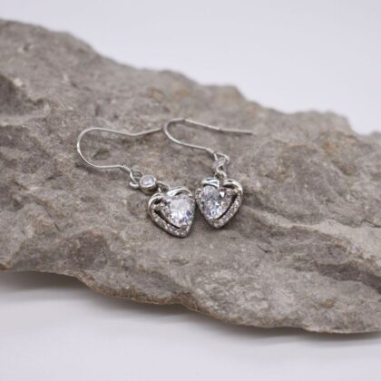 Sterling Silver Love Heart Dangle Earrings Clear Stone Drop Pretty Earrings Personalised Gift Tag