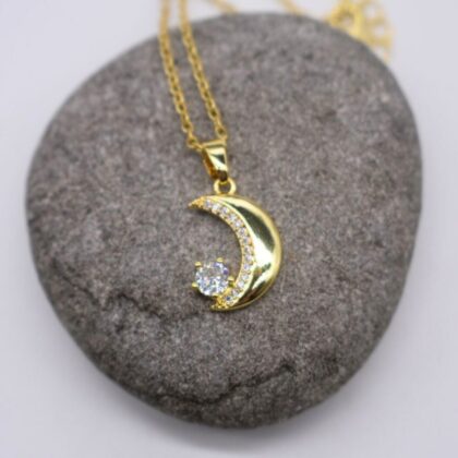 Crescent Moon Diamond Necklace Golden Moon Star Necklace Cluster Pave Diamond Personalised Gift Tag