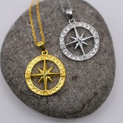 Compass North Star Necklace Pendant Sterling Silver 18K Gold Plated Mens or Womens Personalised Gift Tag