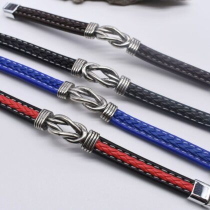 Men’s Leather Bracelet Infinity Knot Stainless Steel Magnetic Clasp Black Brown Red Blue Gift Dad Boyfriend Husband Personalised Gift Tag