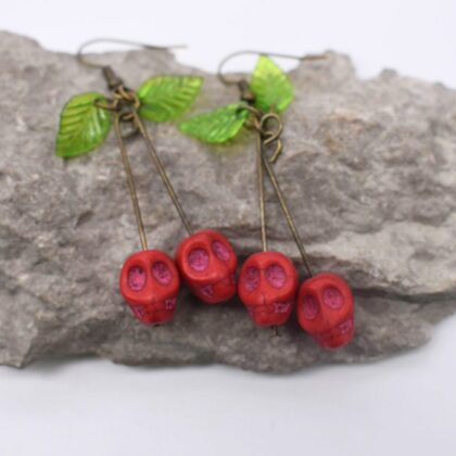 Cherry Skull Dangle Halloween Earrings Fruit Skull Jewellery Personalised Gift Tag